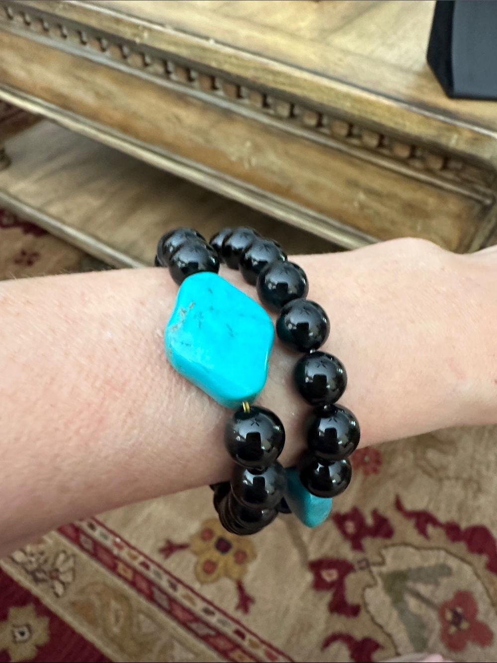 Jay King Turquoise Stone & Black Beaded Stretch Bracelet